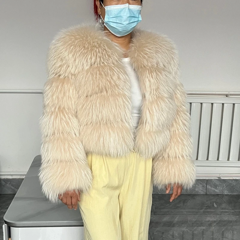 BEIZIRU Women's Real Raccoon Fur Coat Winter Long Sleeve Hooded Jacket with Turndown Collar Natural Luxury Thick Top