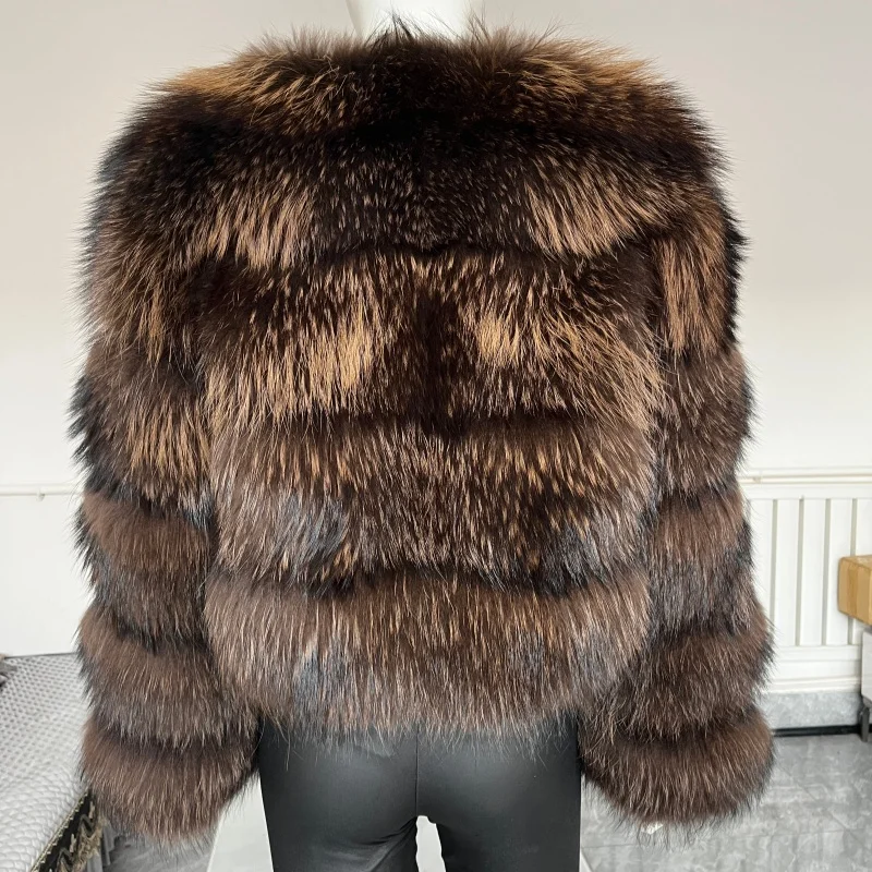 BEIZIRU Women's Real Raccoon Fur Coat Winter Long Sleeve Hooded Jacket with Turndown Collar Natural Luxury Thick Top