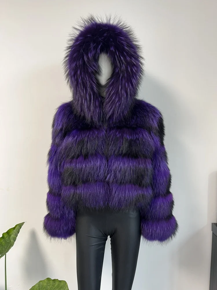 BEIZIRU Women's Real Raccoon Fur Coat Winter Long Sleeve Hooded Jacket with Turndown Collar Natural Luxury Thick Top