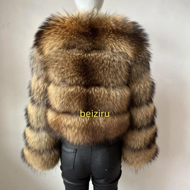 BEIZIRU Women's Real Raccoon Fur Coat Winter Long Sleeve Hooded Jacket with Turndown Collar Natural Luxury Thick Top