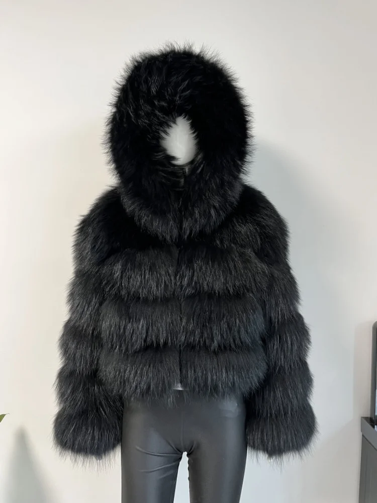 BEIZIRU Women's Real Raccoon Fur Coat Winter Long Sleeve Hooded Jacket with Turndown Collar Natural Luxury Thick Top