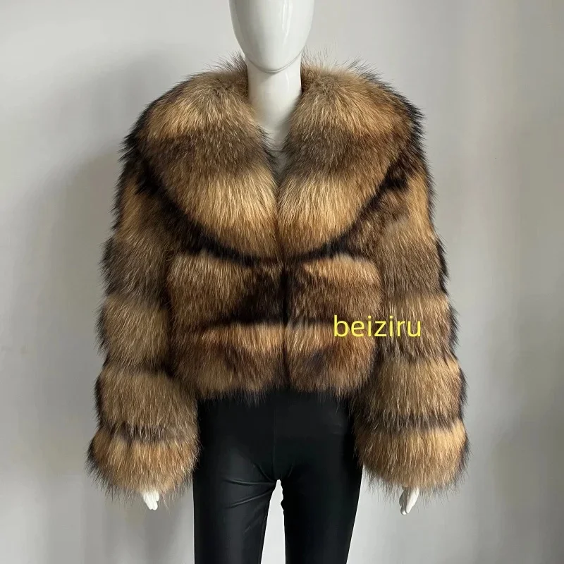 BEIZIRU Women's Real Raccoon Fur Coat Winter Long Sleeve Hooded Jacket with Turndown Collar Natural Luxury Thick Top