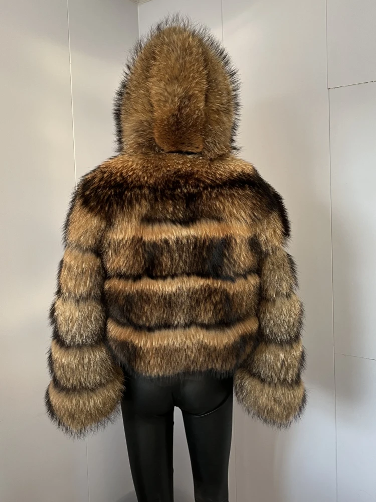 BEIZIRU Women's Real Raccoon Fur Coat Winter Long Sleeve Hooded Jacket with Turndown Collar Natural Luxury Thick Top
