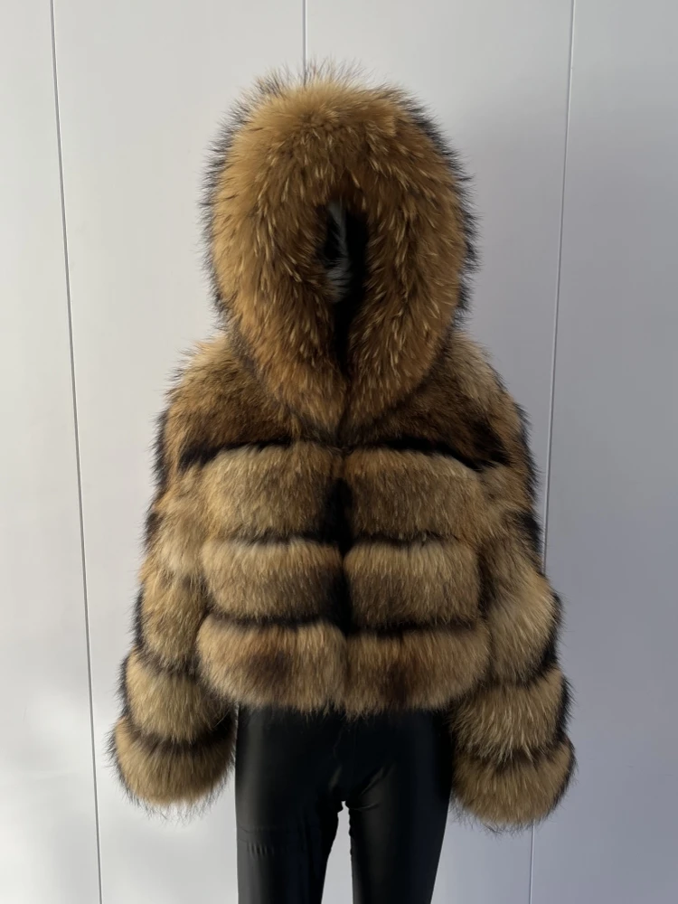 BEIZIRU Women's Real Raccoon Fur Coat Winter Long Sleeve Hooded Jacket with Turndown Collar Natural Luxury Thick Top