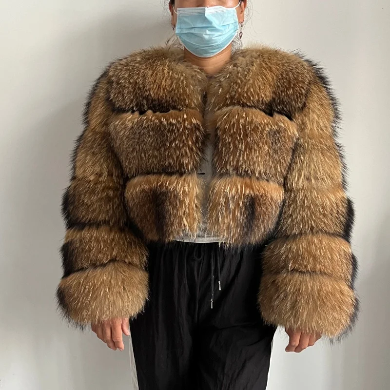 BEIZIRU Women's Real Raccoon Fur Coat Winter Long Sleeve Hooded Jacket with Turndown Collar Natural Luxury Thick Top