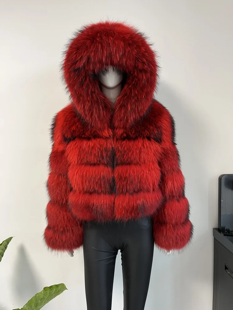 BEIZIRU Women's Real Raccoon Fur Coat Winter Long Sleeve Hooded Jacket with Turndown Collar Natural Luxury Thick Top