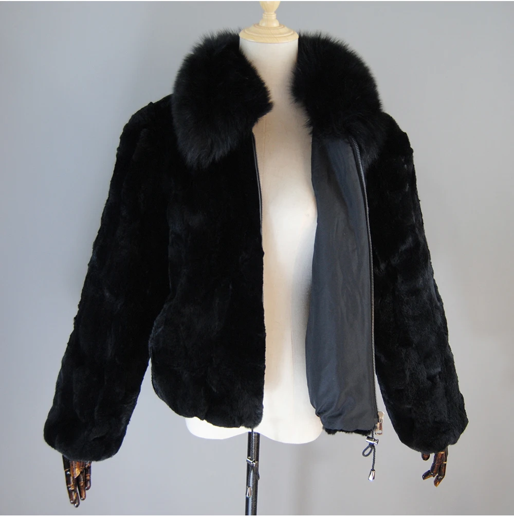 New Luxury Lady 100% Natural Rex Rabbit Fur Coat Women Winter Thick Warm Real Rex Rabbit Fur Jacket With Quality Fox Fur Collar