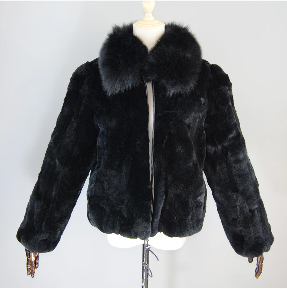 New Luxury Lady 100% Natural Rex Rabbit Fur Coat Women Winter Thick Warm Real Rex Rabbit Fur Jacket With Quality Fox Fur Collar