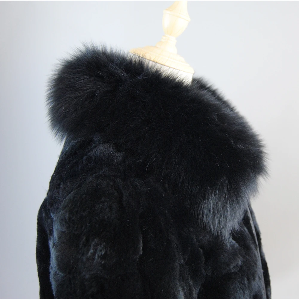 New Luxury Lady 100% Natural Rex Rabbit Fur Coat Women Winter Thick Warm Real Rex Rabbit Fur Jacket With Quality Fox Fur Collar