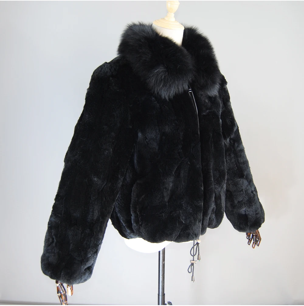 New Luxury Lady 100% Natural Rex Rabbit Fur Coat Women Winter Thick Warm Real Rex Rabbit Fur Jacket With Quality Fox Fur Collar