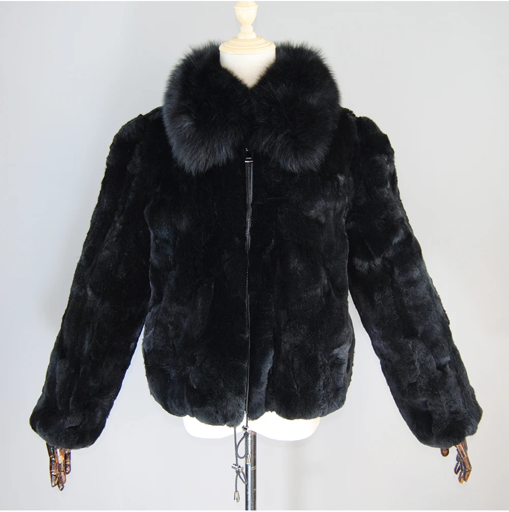 New Luxury Lady 100% Natural Rex Rabbit Fur Coat Women Winter Thick Warm Real Rex Rabbit Fur Jacket With Quality Fox Fur Collar