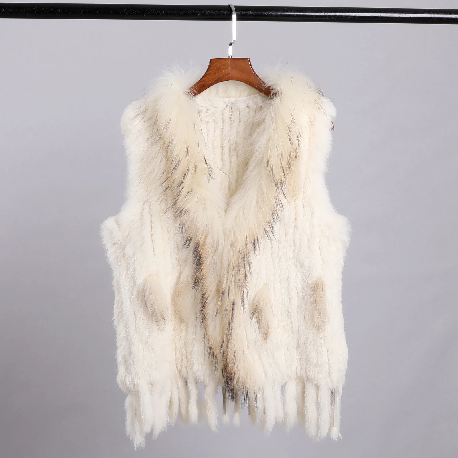Luxury Women's Genuine Premium Long Hair Rabbit Fur Knit Vest Raccoon Fur Trim Gilet Lady Sleeveless Waistcoat Real Fur Jacket