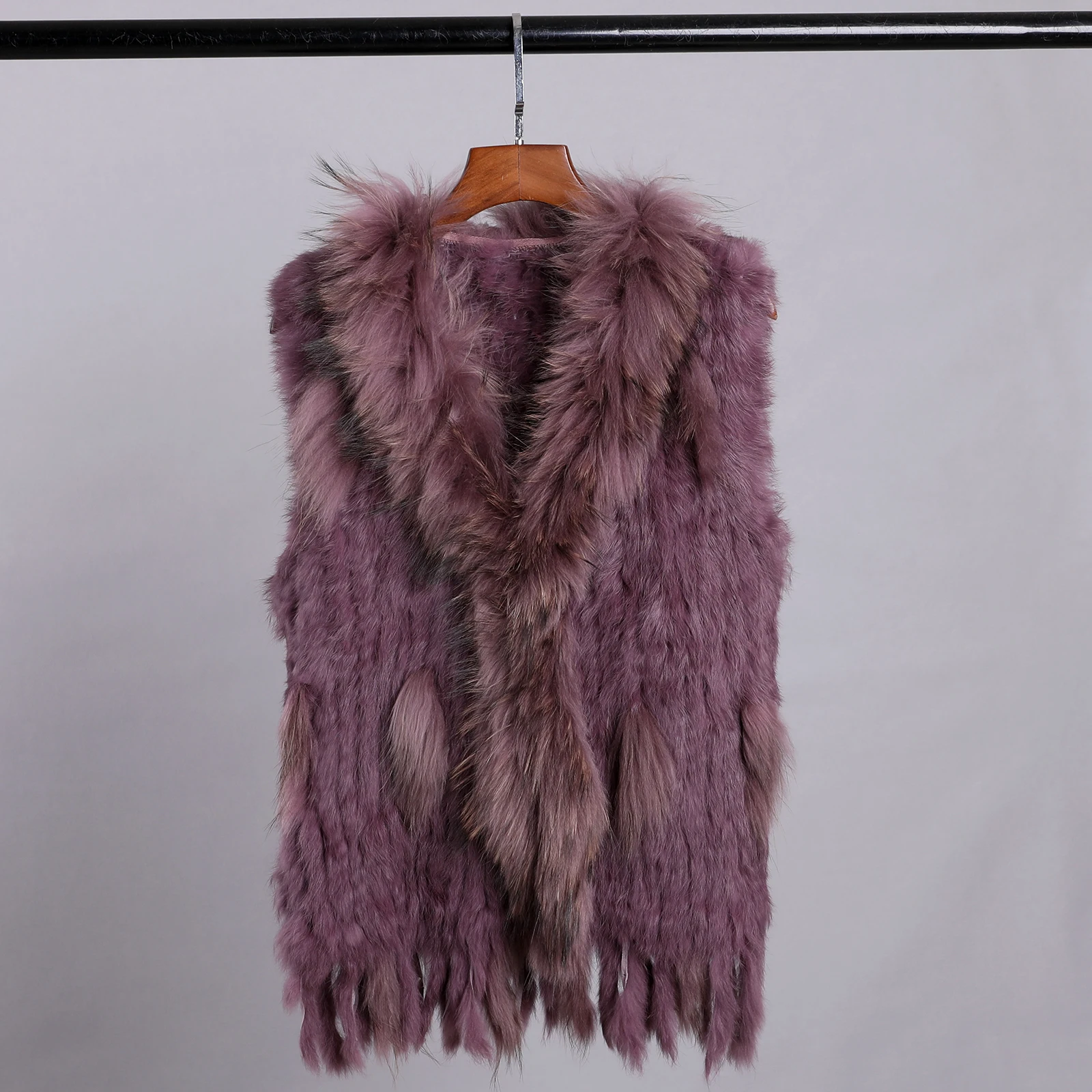 Luxury Women's Genuine Premium Long Hair Rabbit Fur Knit Vest Raccoon Fur Trim Gilet Lady Sleeveless Waistcoat Real Fur Jacket