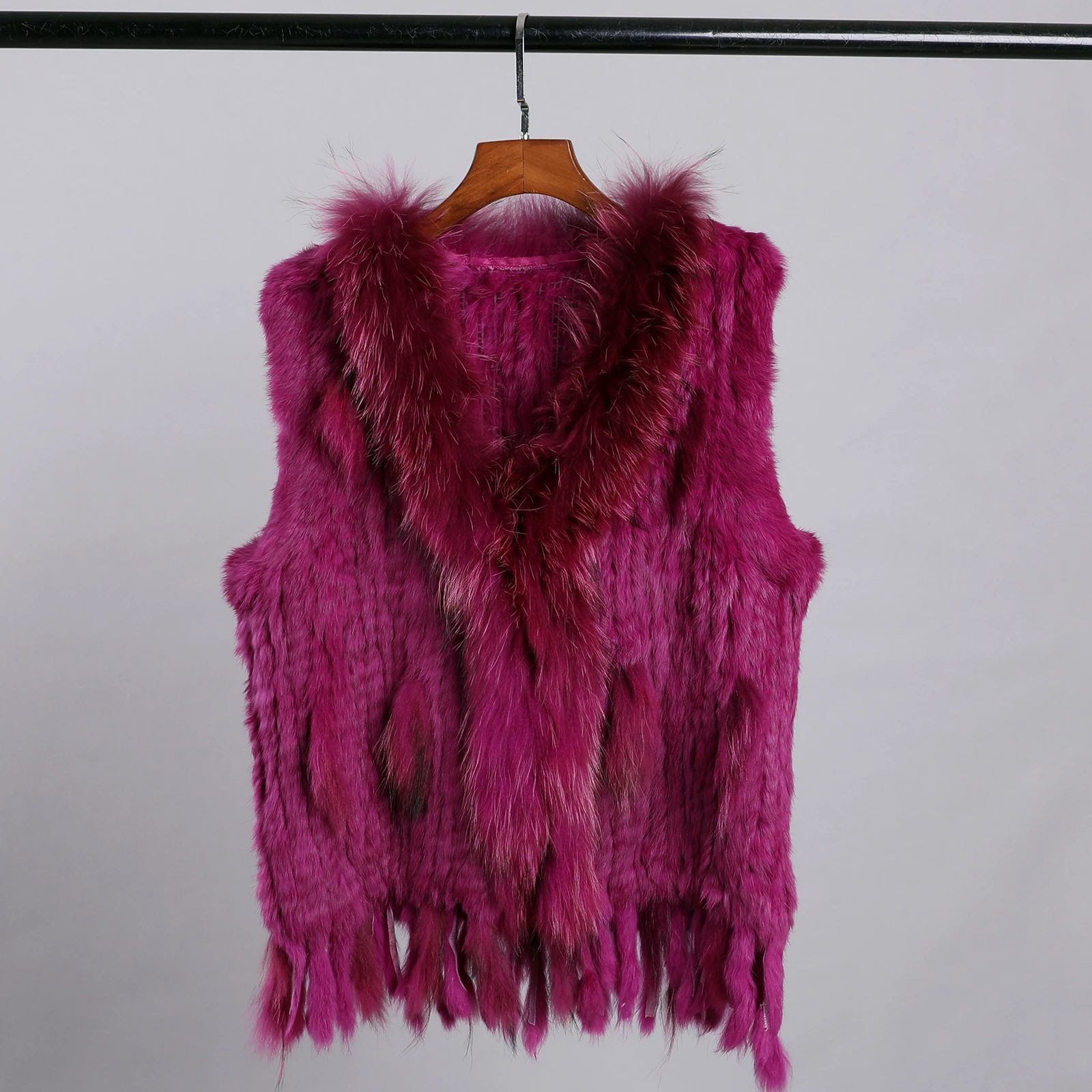 Luxury Women's Genuine Premium Long Hair Rabbit Fur Knit Vest Raccoon Fur Trim Gilet Lady Sleeveless Waistcoat Real Fur Jacket