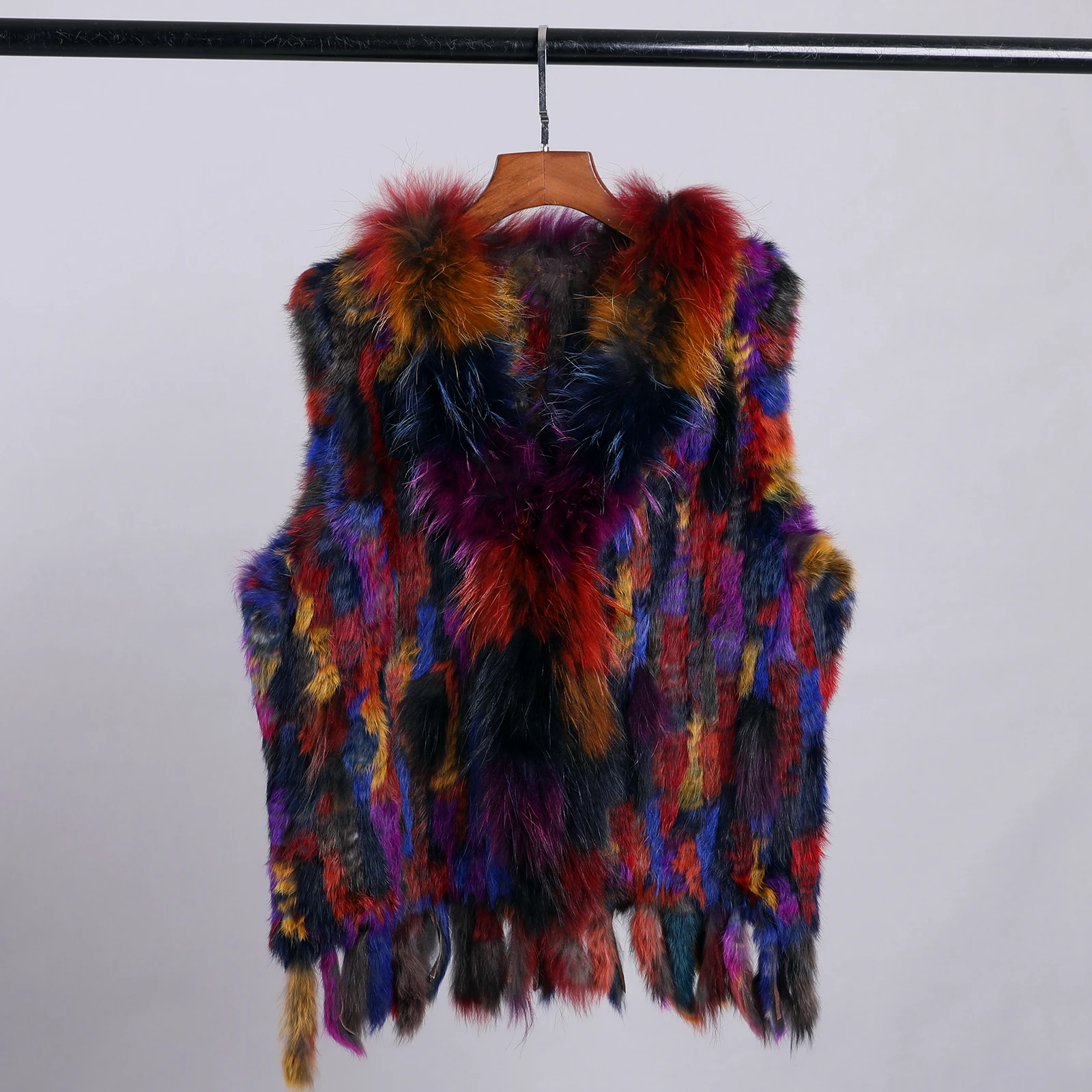 Luxury Women's Genuine Premium Long Hair Rabbit Fur Knit Vest Raccoon Fur Trim Gilet Lady Sleeveless Waistcoat Real Fur Jacket