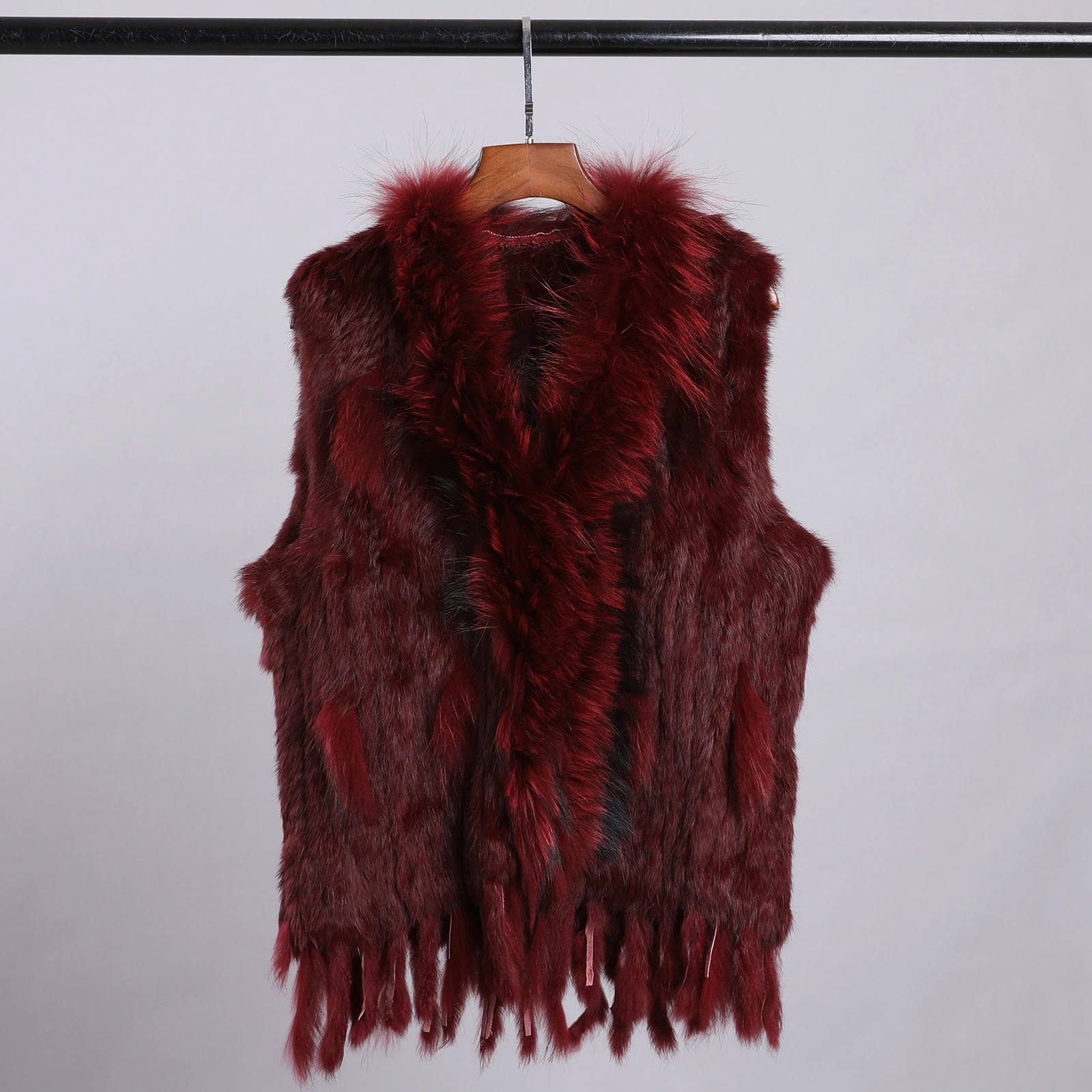 Luxury Women's Genuine Premium Long Hair Rabbit Fur Knit Vest Raccoon Fur Trim Gilet Lady Sleeveless Waistcoat Real Fur Jacket
