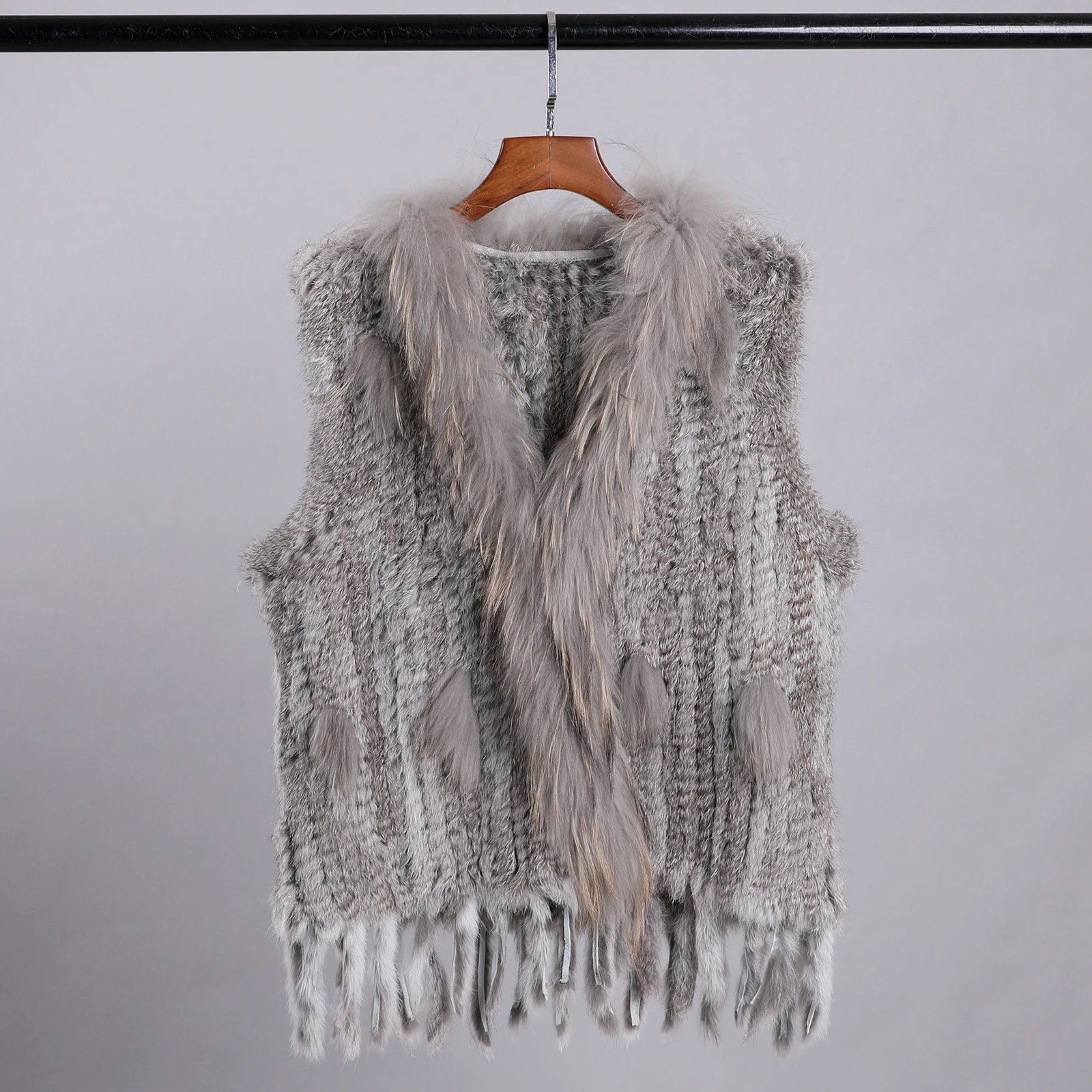 Luxury Women's Genuine Premium Long Hair Rabbit Fur Knit Vest Raccoon Fur Trim Gilet Lady Sleeveless Waistcoat Real Fur Jacket