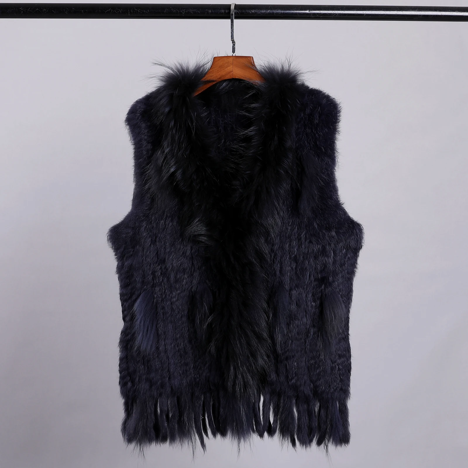 Luxury Women's Genuine Premium Long Hair Rabbit Fur Knit Vest Raccoon Fur Trim Gilet Lady Sleeveless Waistcoat Real Fur Jacket