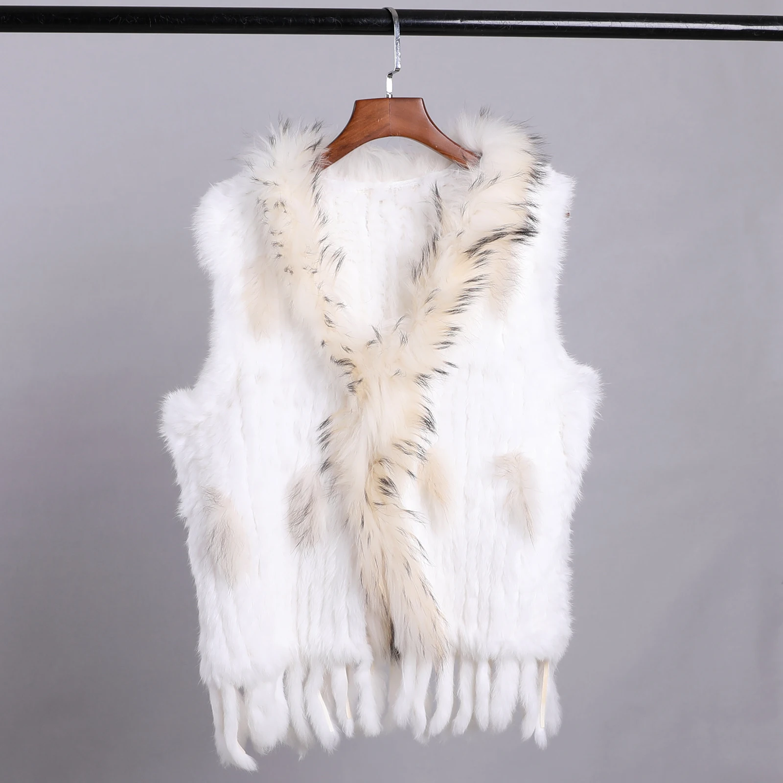Luxury Women's Genuine Premium Long Hair Rabbit Fur Knit Vest Raccoon Fur Trim Gilet Lady Sleeveless Waistcoat Real Fur Jacket