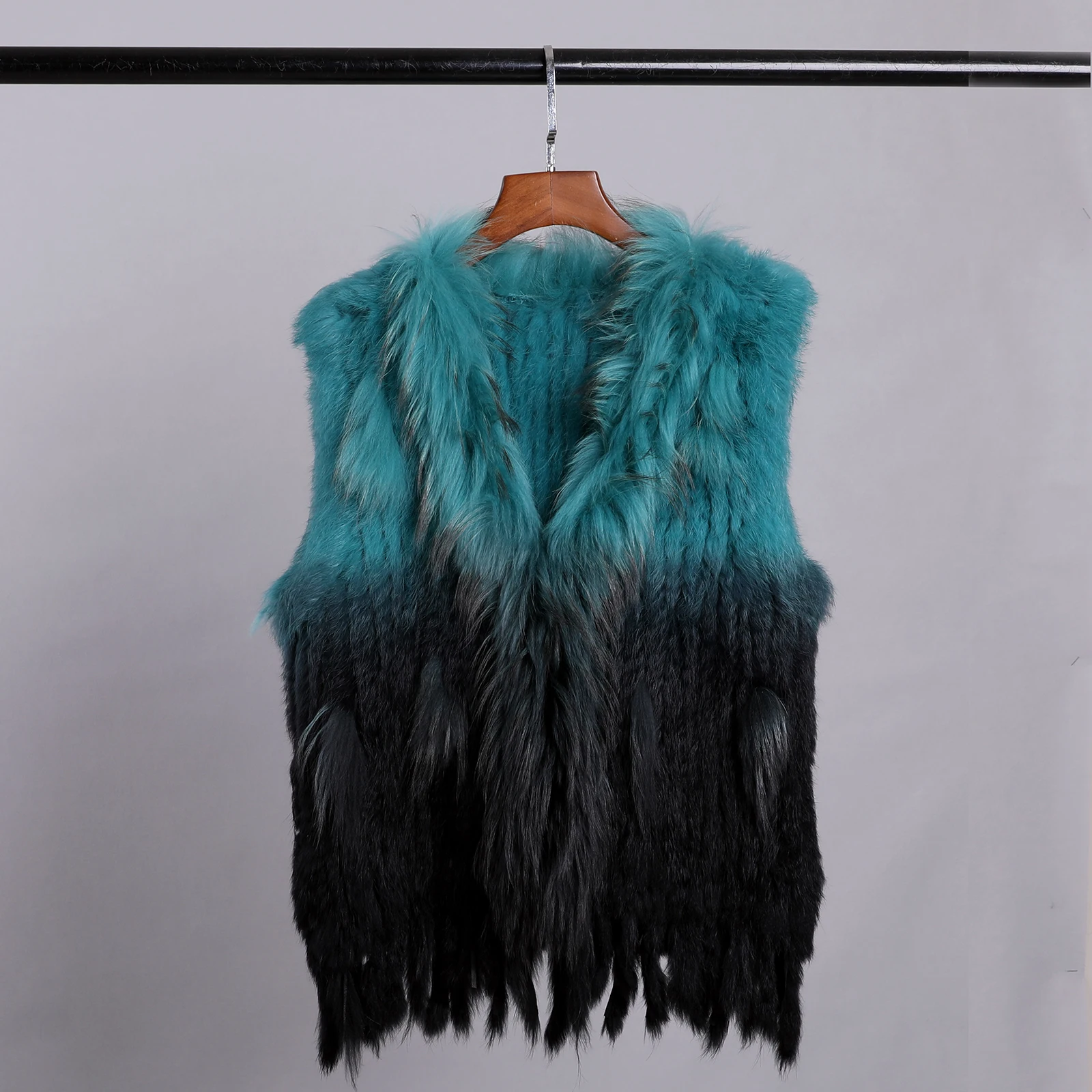 Luxury Women's Genuine Premium Long Hair Rabbit Fur Knit Vest Raccoon Fur Trim Gilet Lady Sleeveless Waistcoat Real Fur Jacket