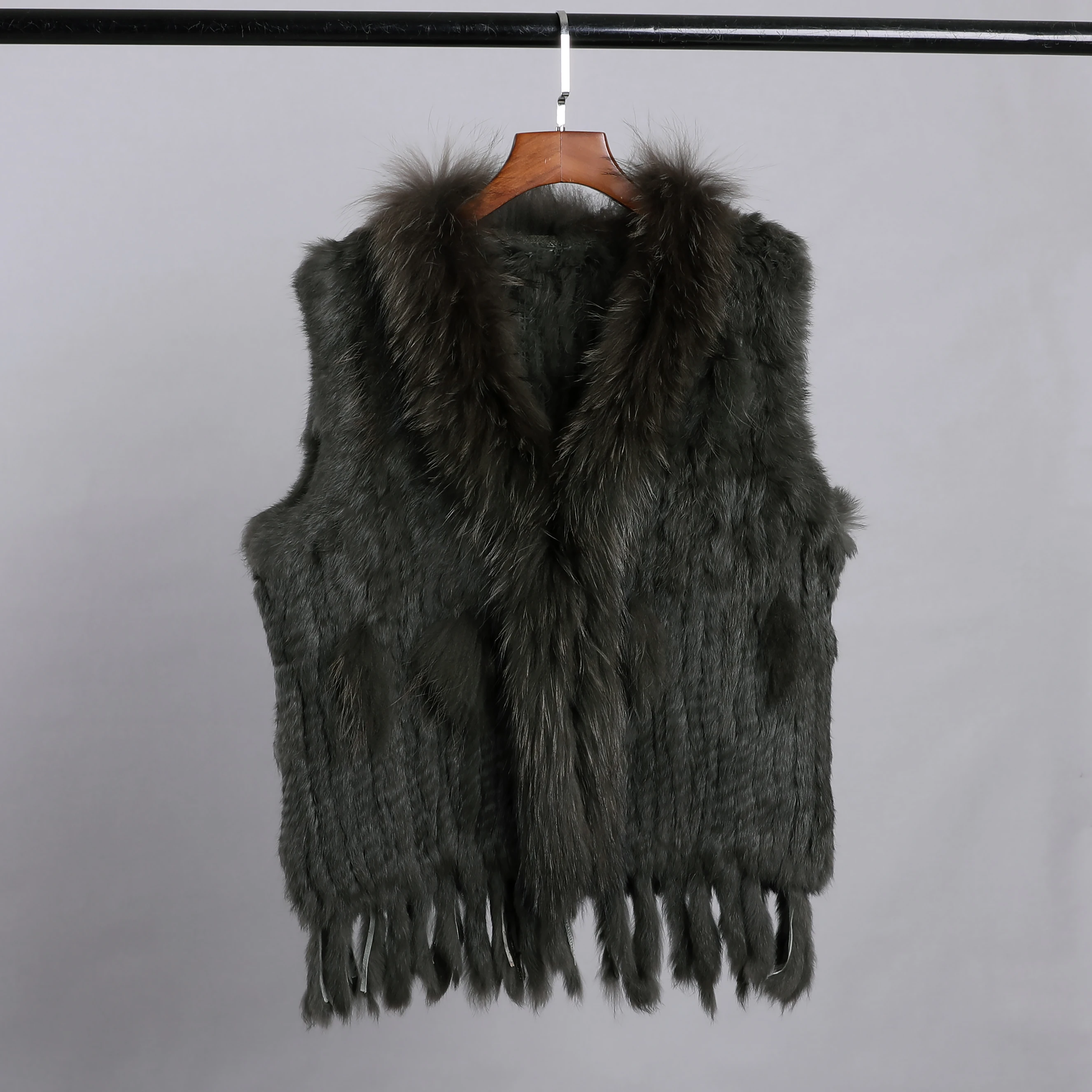 Luxury Women's Genuine Premium Long Hair Rabbit Fur Knit Vest Raccoon Fur Trim Gilet Lady Sleeveless Waistcoat Real Fur Jacket