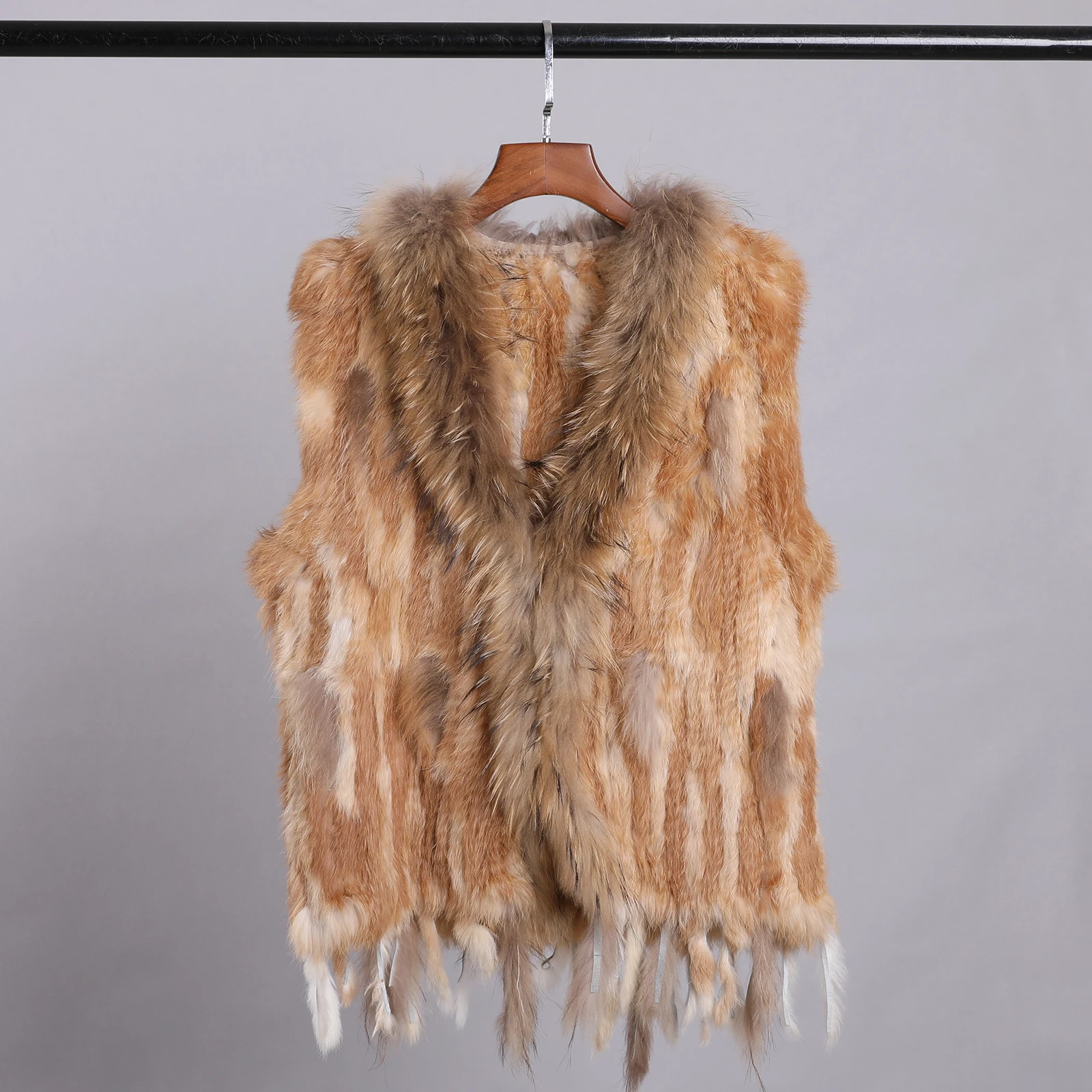 Luxury Women's Genuine Premium Long Hair Rabbit Fur Knit Vest Raccoon Fur Trim Gilet Lady Sleeveless Waistcoat Real Fur Jacket