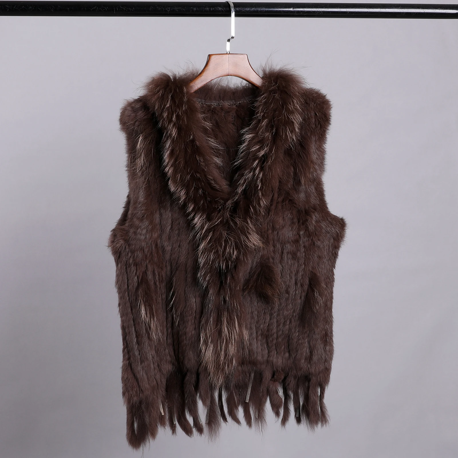Luxury Women's Genuine Premium Long Hair Rabbit Fur Knit Vest Raccoon Fur Trim Gilet Lady Sleeveless Waistcoat Real Fur Jacket