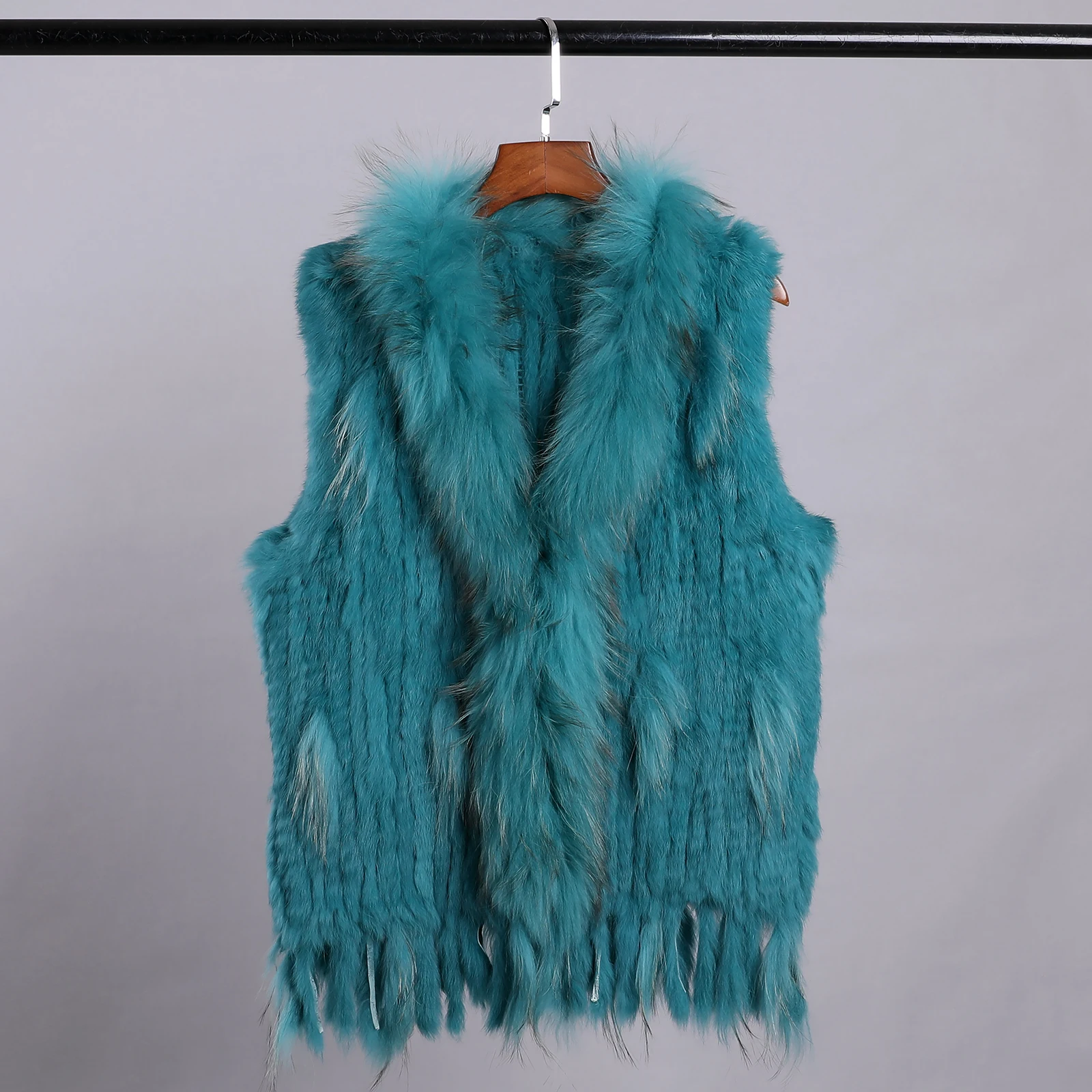 Luxury Women's Genuine Premium Long Hair Rabbit Fur Knit Vest Raccoon Fur Trim Gilet Lady Sleeveless Waistcoat Real Fur Jacket