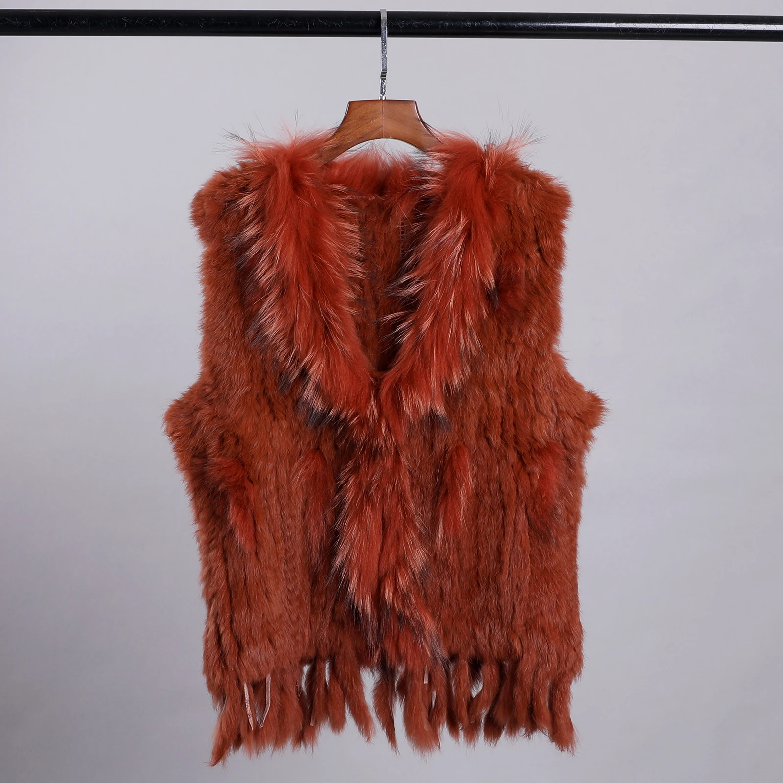 Luxury Women's Genuine Premium Long Hair Rabbit Fur Knit Vest Raccoon Fur Trim Gilet Lady Sleeveless Waistcoat Real Fur Jacket