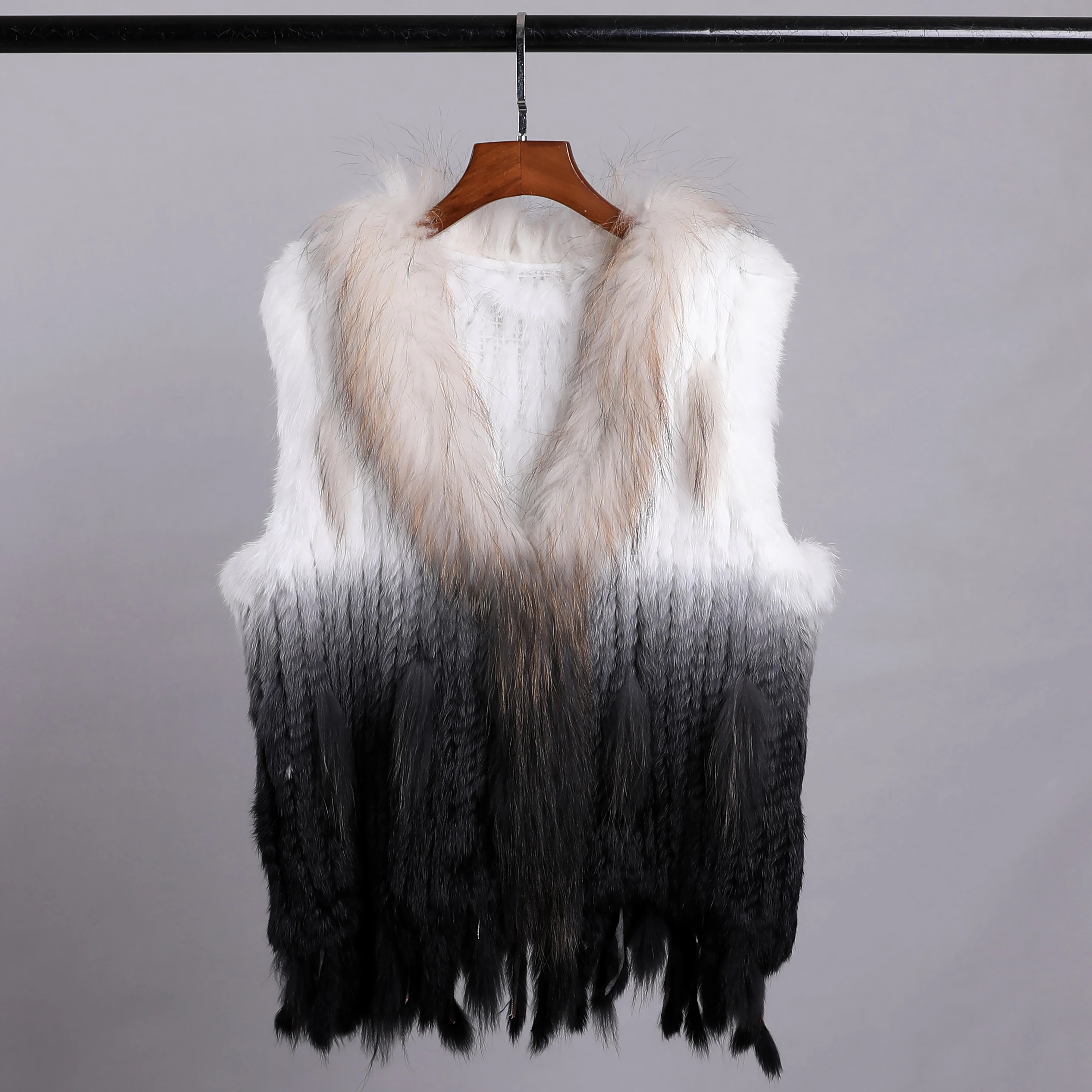Luxury Women's Genuine Premium Long Hair Rabbit Fur Knit Vest Raccoon Fur Trim Gilet Lady Sleeveless Waistcoat Real Fur Jacket