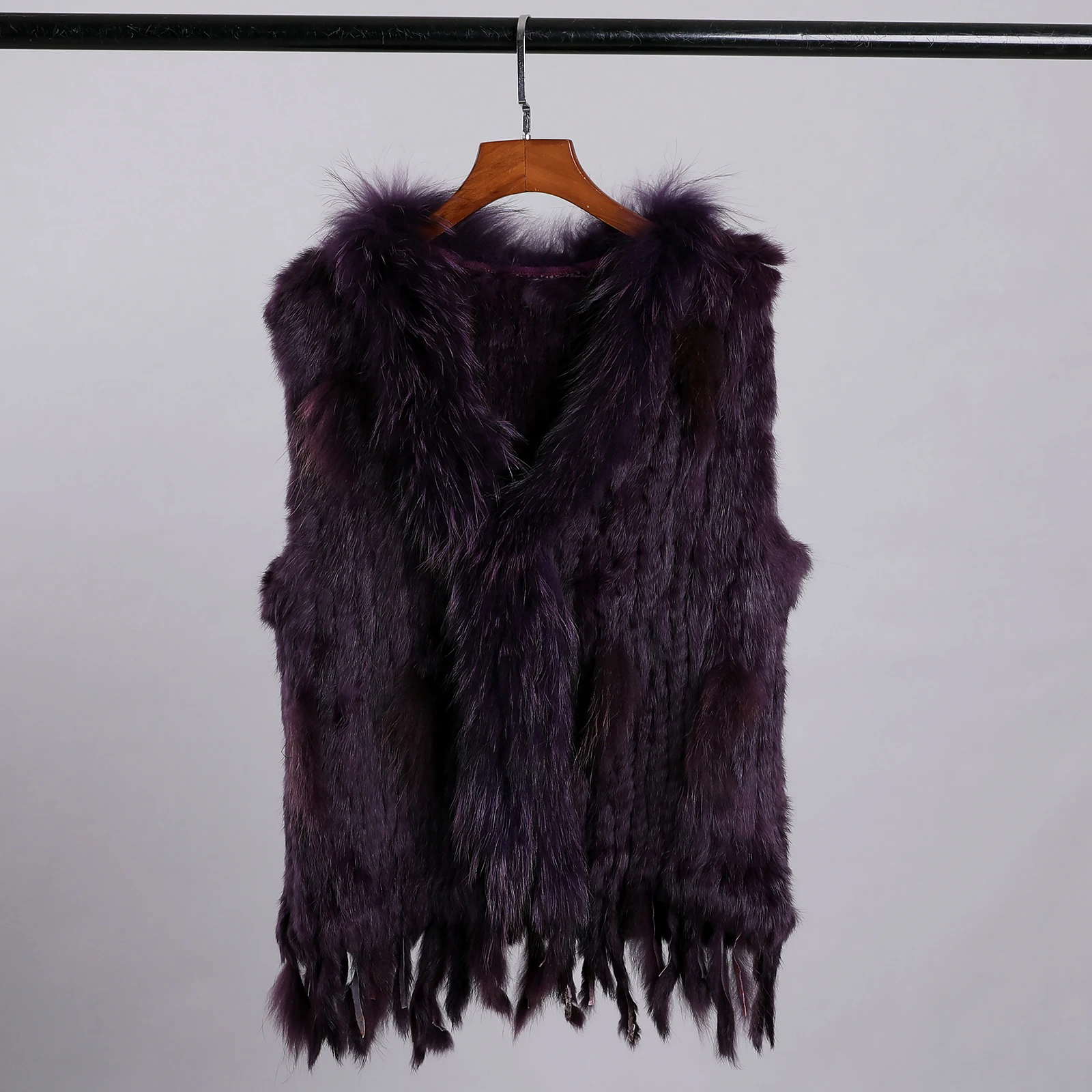 Luxury Women's Genuine Premium Long Hair Rabbit Fur Knit Vest Raccoon Fur Trim Gilet Lady Sleeveless Waistcoat Real Fur Jacket