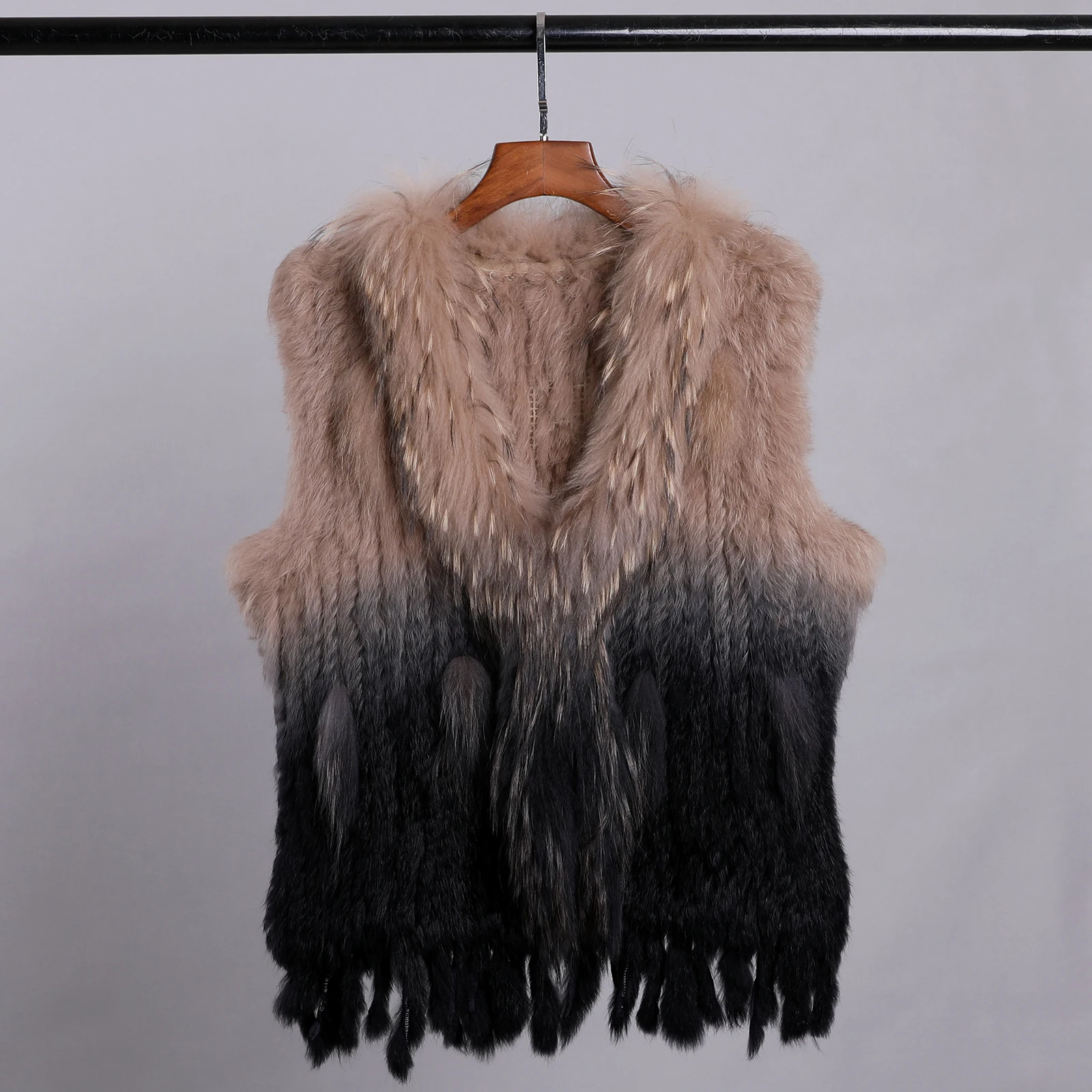 Luxury Women's Genuine Premium Long Hair Rabbit Fur Knit Vest Raccoon Fur Trim Gilet Lady Sleeveless Waistcoat Real Fur Jacket