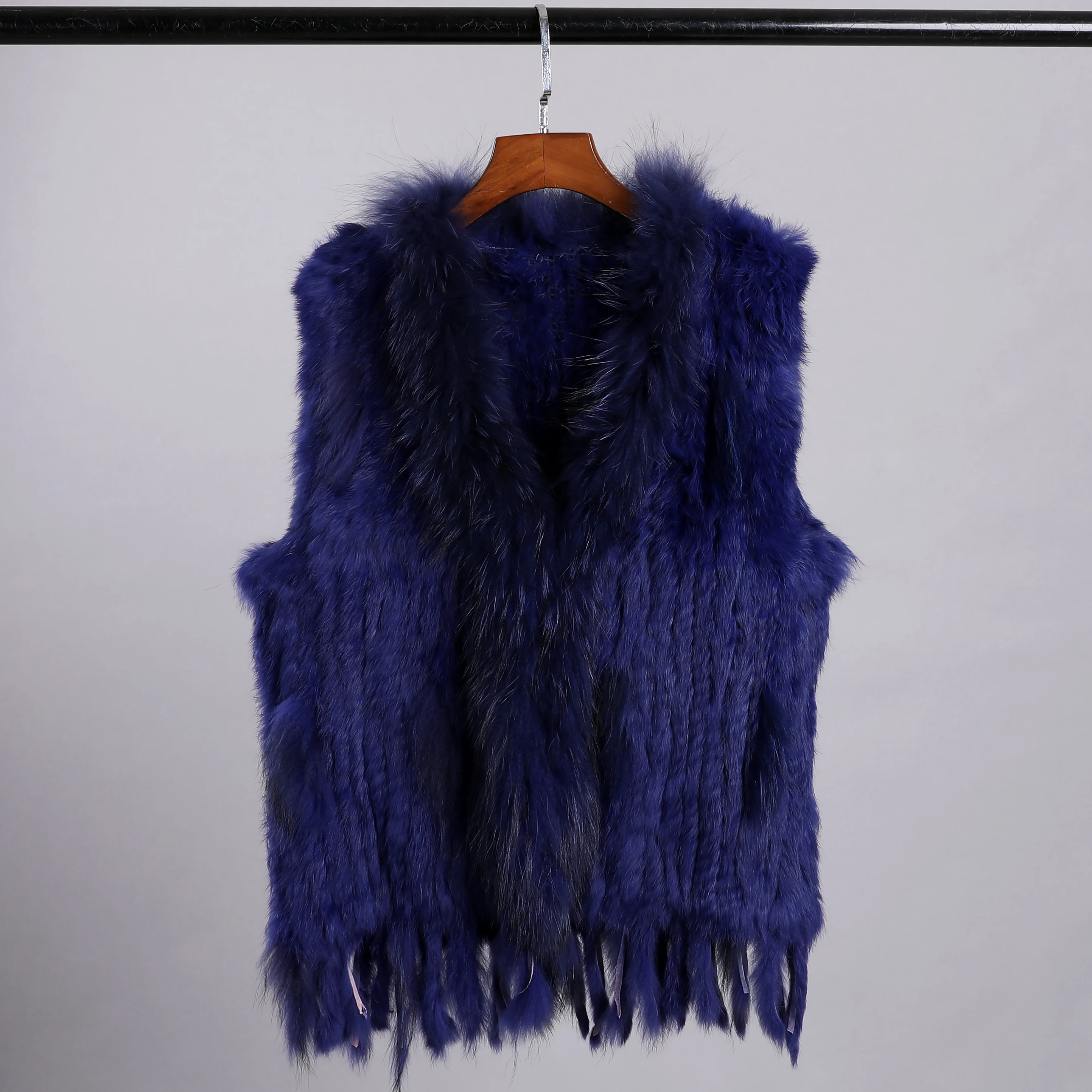 Luxury Women's Genuine Premium Long Hair Rabbit Fur Knit Vest Raccoon Fur Trim Gilet Lady Sleeveless Waistcoat Real Fur Jacket