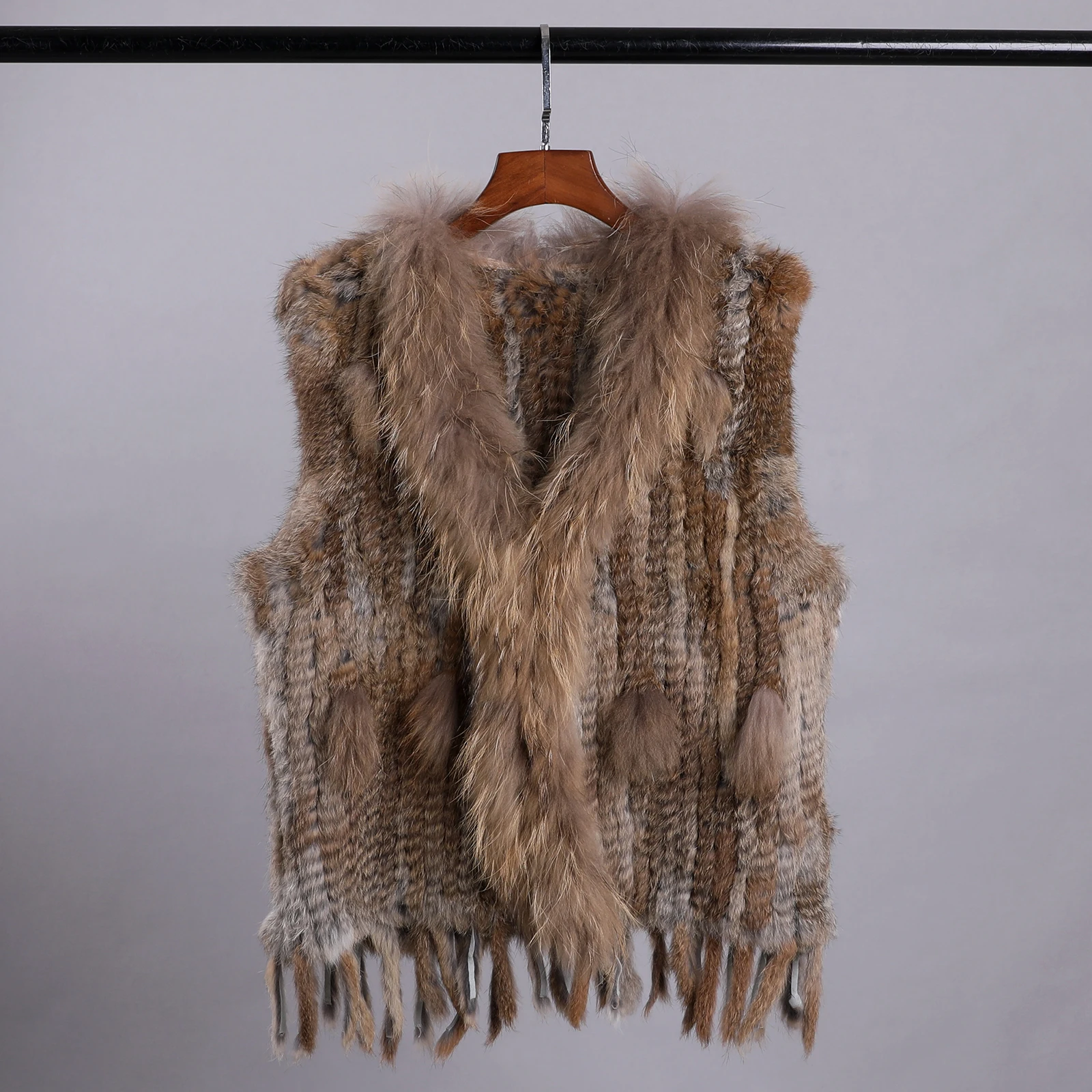 Luxury Women's Genuine Premium Long Hair Rabbit Fur Knit Vest Raccoon Fur Trim Gilet Lady Sleeveless Waistcoat Real Fur Jacket