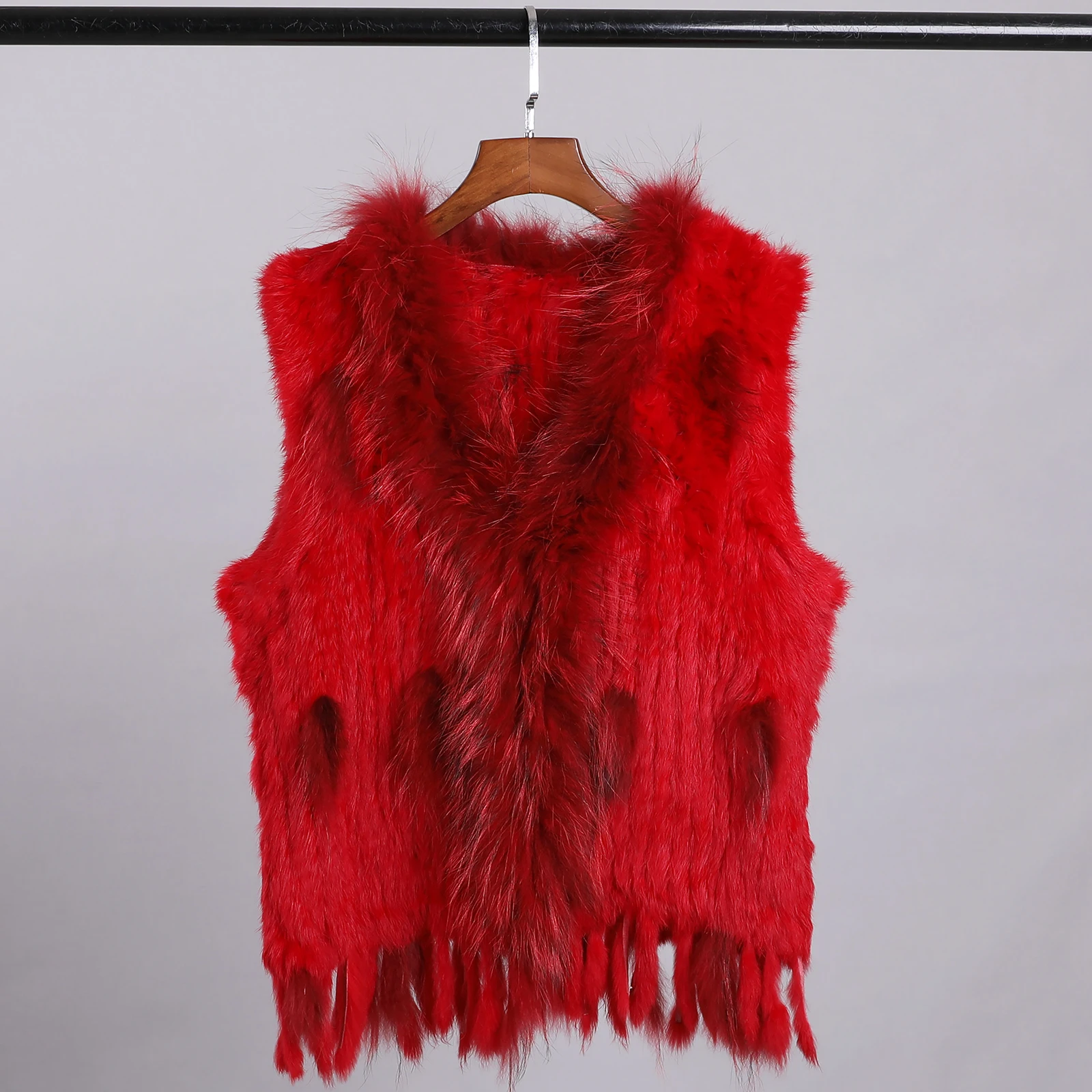 Luxury Women's Genuine Premium Long Hair Rabbit Fur Knit Vest Raccoon Fur Trim Gilet Lady Sleeveless Waistcoat Real Fur Jacket