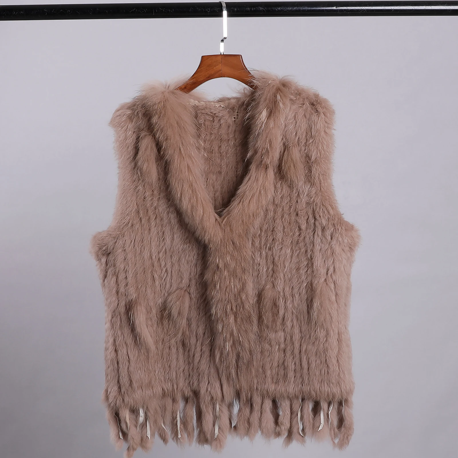 Luxury Women's Genuine Premium Long Hair Rabbit Fur Knit Vest Raccoon Fur Trim Gilet Lady Sleeveless Waistcoat Real Fur Jacket