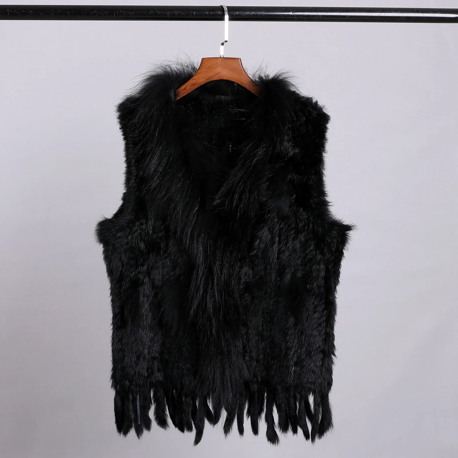 Luxury Women's Genuine Premium Long Hair Rabbit Fur Knit Vest Raccoon Fur Trim Gilet Lady Sleeveless Waistcoat Real Fur Jacket