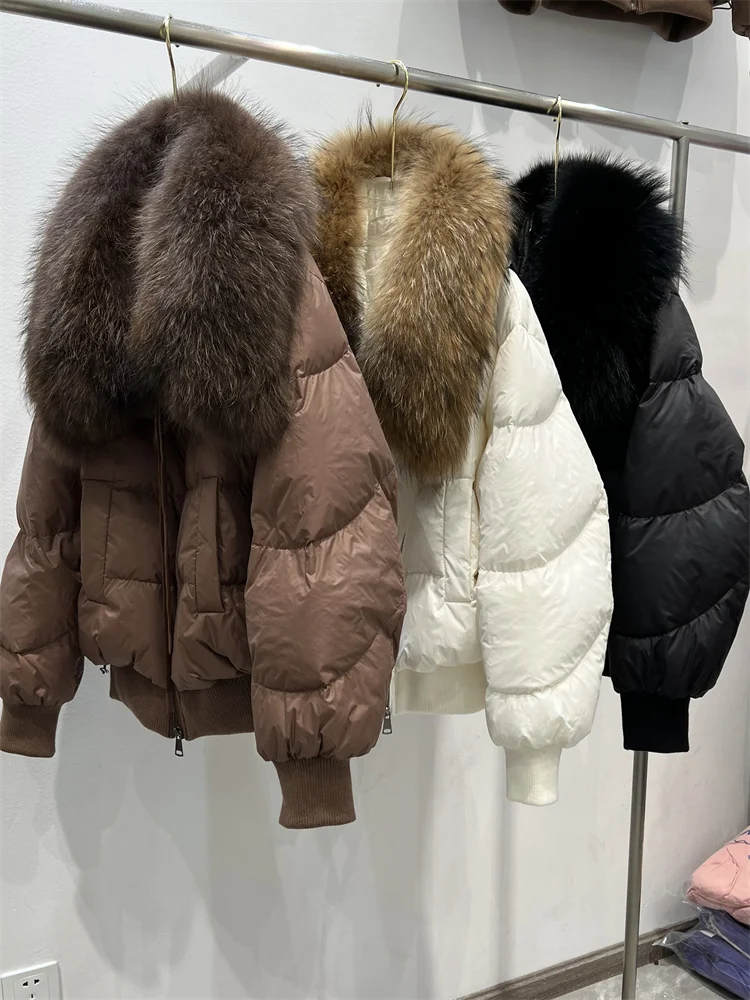 2026 New Fashion Loose Winter Women 90% Duck Down Jacket Natural Real Raccoon Fur Big Collar Coat Thick Warm Streetwear