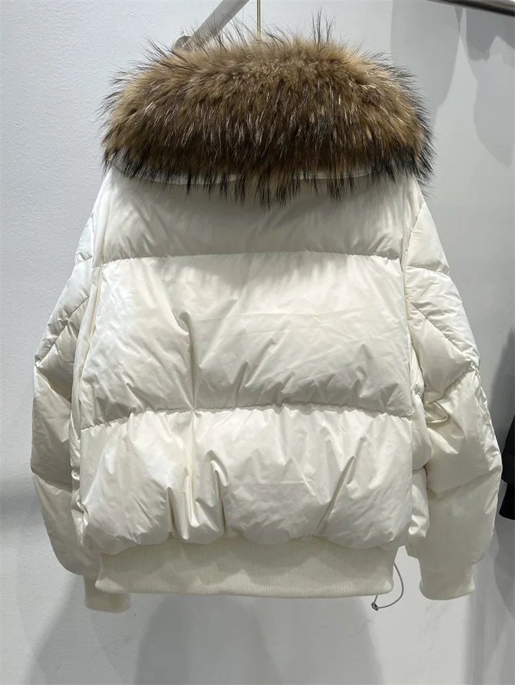 2026 New Fashion Loose Winter Women 90% Duck Down Jacket Natural Real Raccoon Fur Big Collar Coat Thick Warm Streetwear
