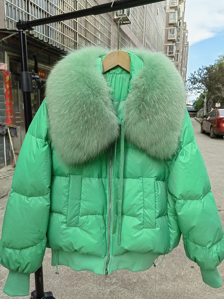 2026 New Fashion Loose Winter Women 90% Duck Down Jacket Natural Real Raccoon Fur Big Collar Coat Thick Warm Streetwear