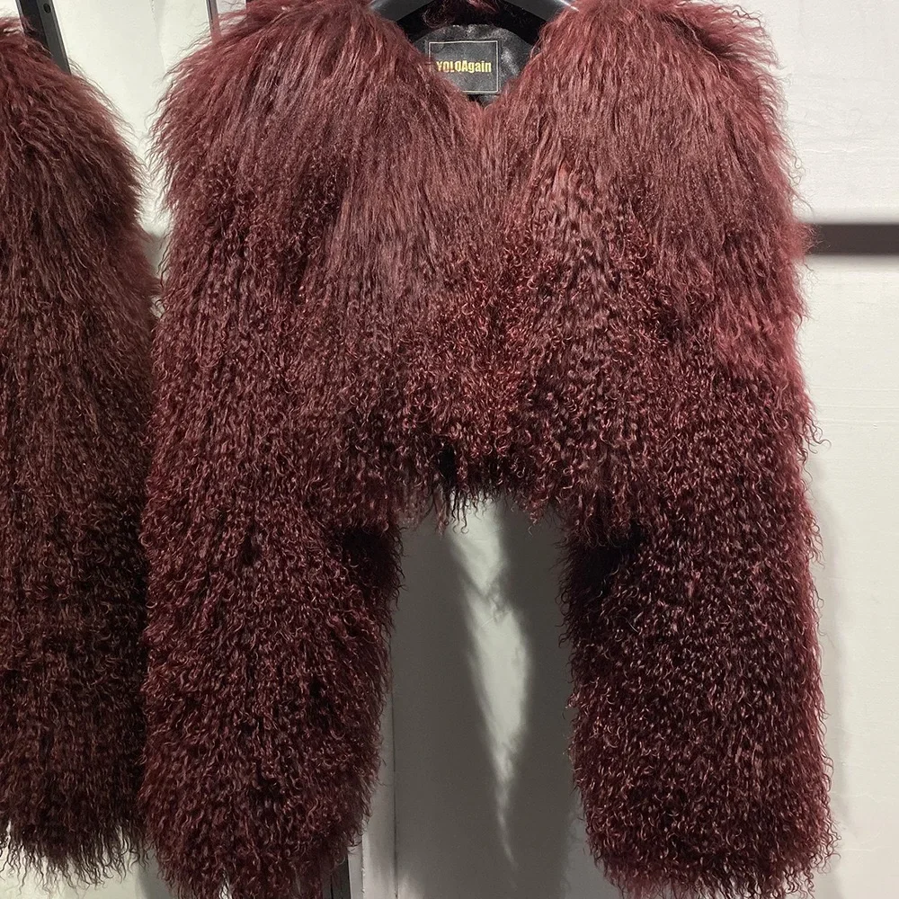 Short genuine fur coat Mongolia Sheep Fur long sleeves women's warm jacket