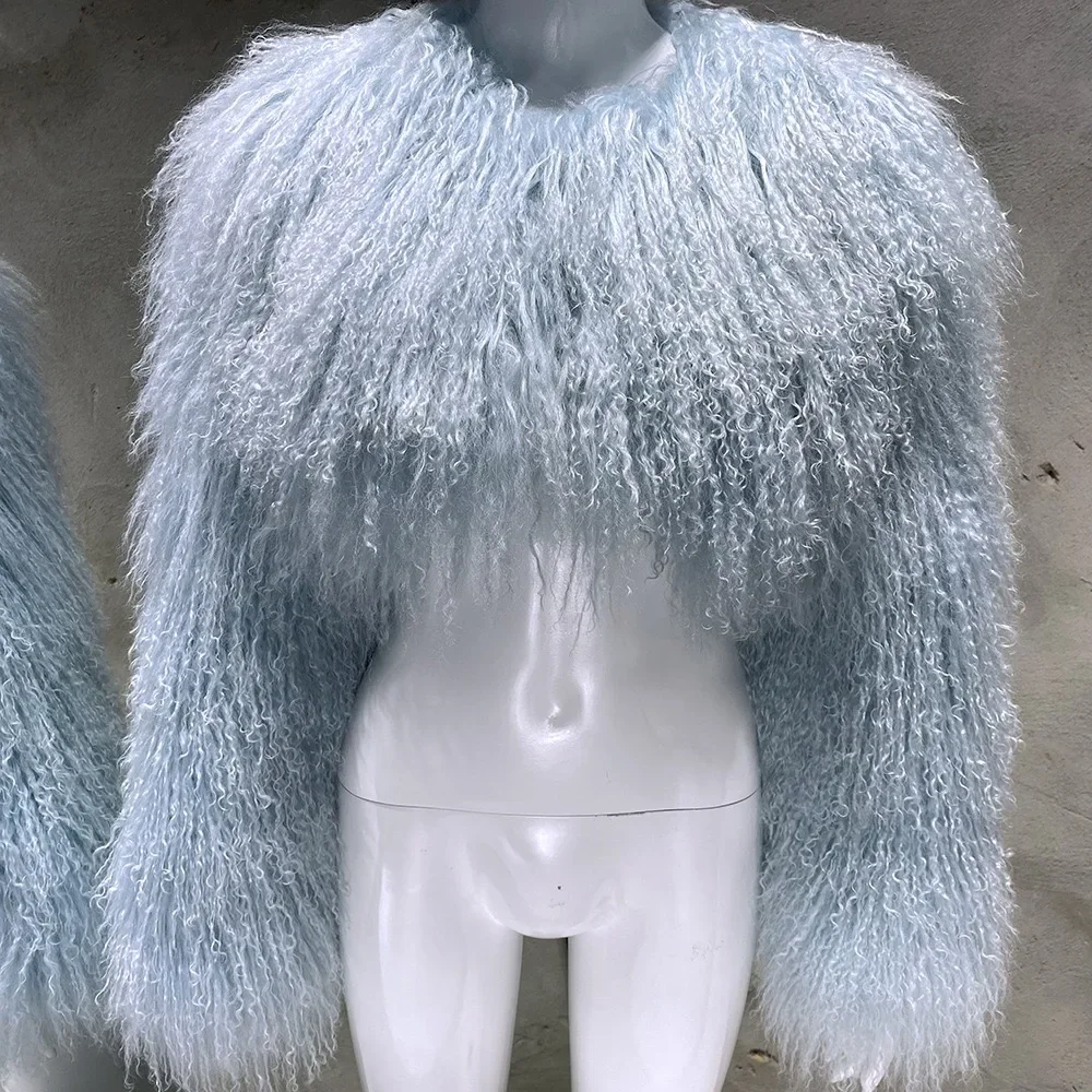 Short genuine fur coat Mongolia Sheep Fur long sleeves women's warm jacket