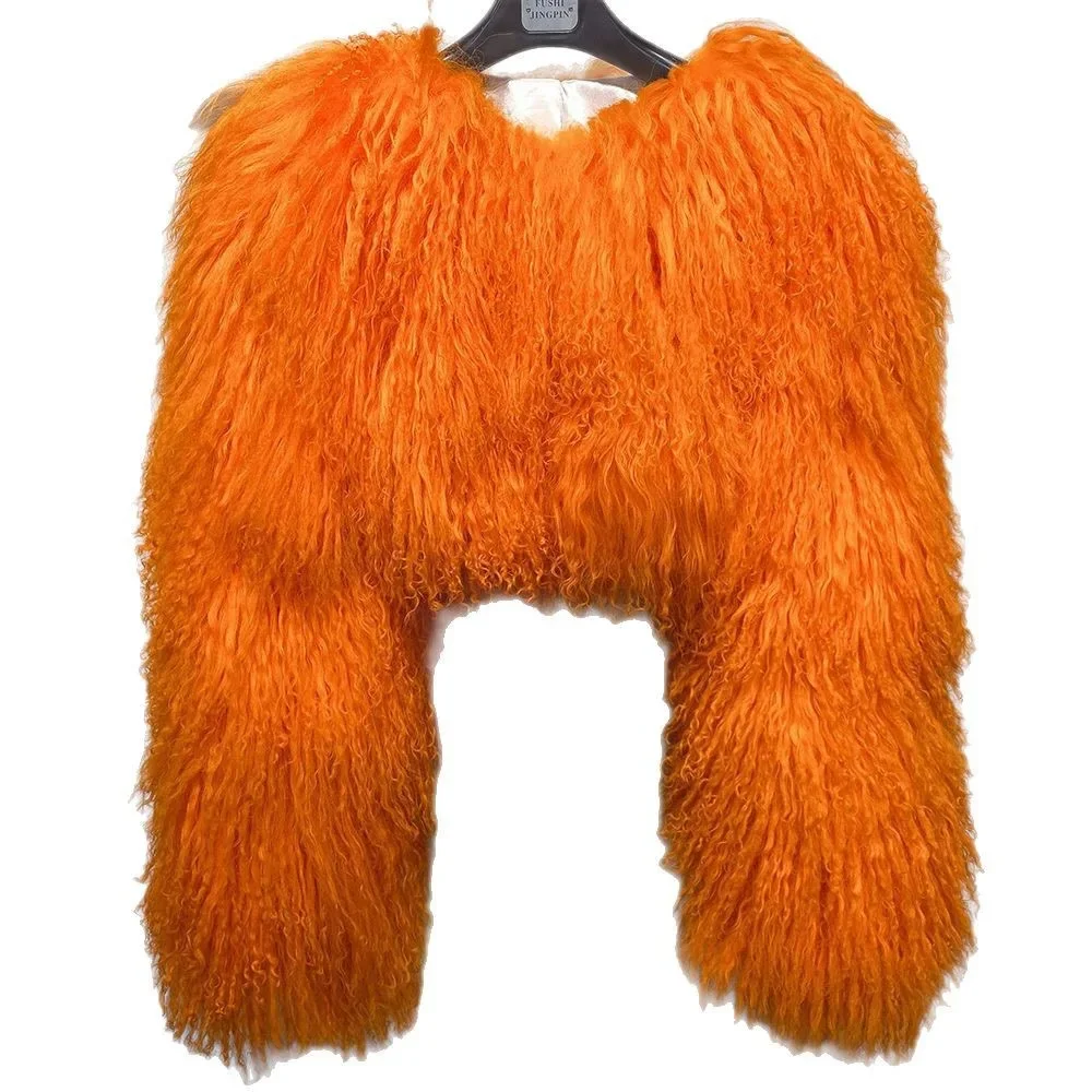 Short genuine fur coat Mongolia Sheep Fur long sleeves women's warm jacket