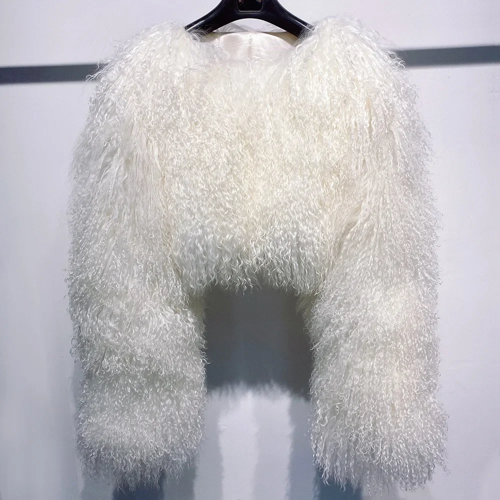 Short genuine fur coat Mongolia Sheep Fur long sleeves women's warm jacket