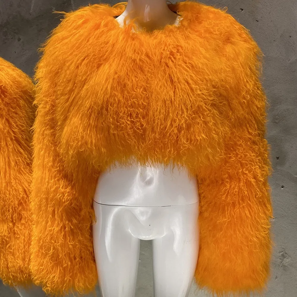 Short genuine fur coat Mongolia Sheep Fur long sleeves women's warm jacket