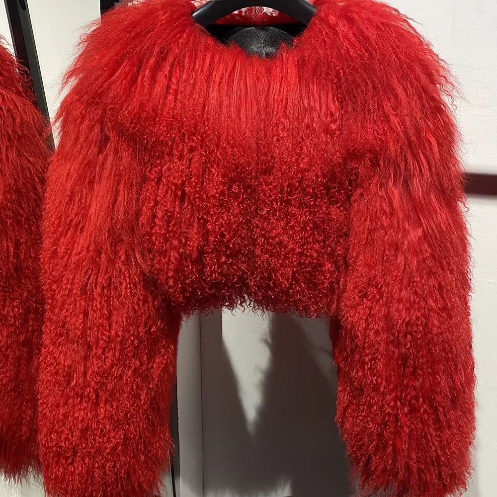 Short genuine fur coat Mongolia Sheep Fur long sleeves women's warm jacket