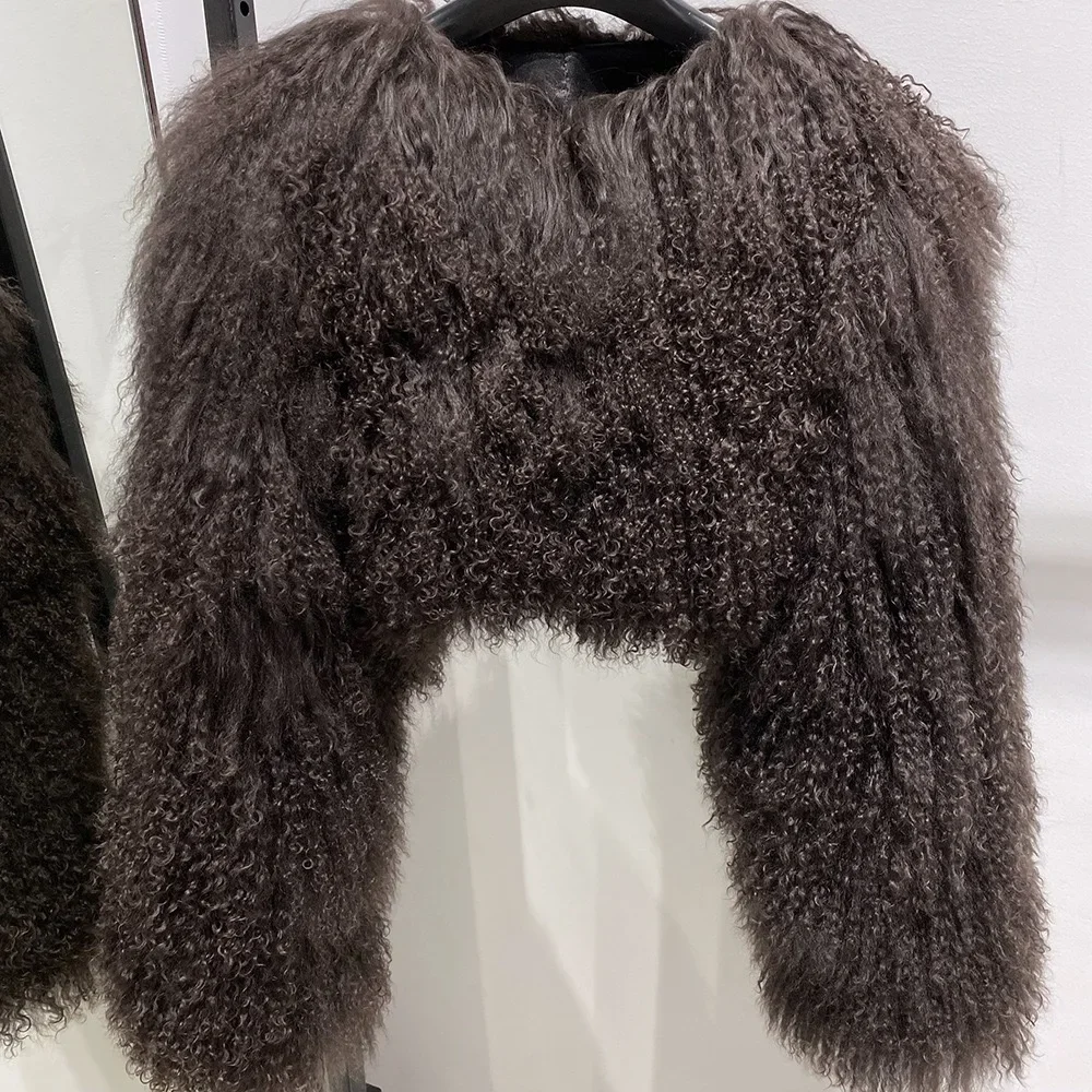 Short genuine fur coat Mongolia Sheep Fur long sleeves women's warm jacket