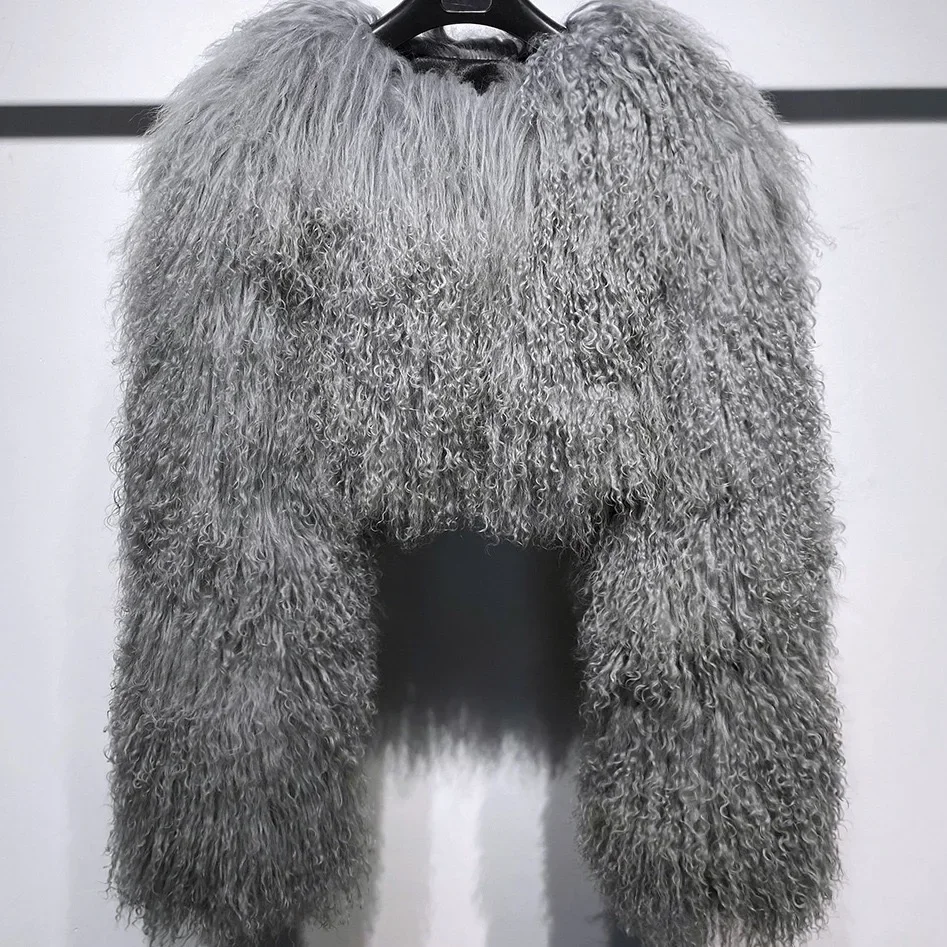 Short genuine fur coat Mongolia Sheep Fur long sleeves women's warm jacket