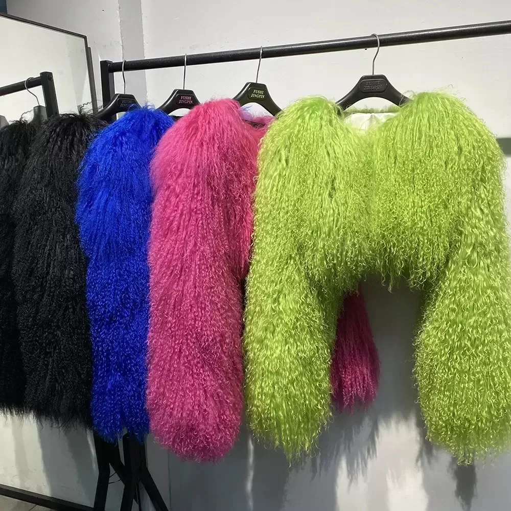 Short genuine fur coat Mongolia Sheep Fur long sleeves women's warm jacket