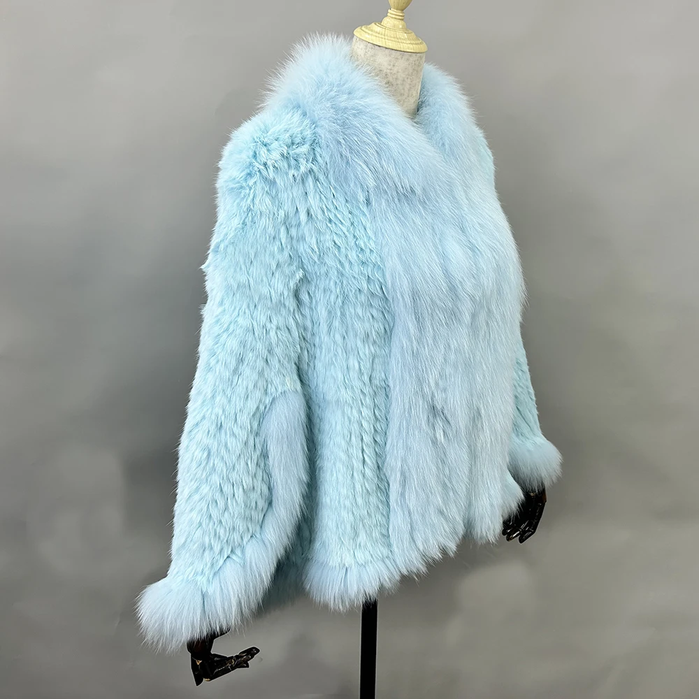 2026 New Fashion Lady Real Genuine Natural Knitted Rabbit Fur Shawl Coat With Fox Fur Collar Women's Fashion Knit Jacket Cape